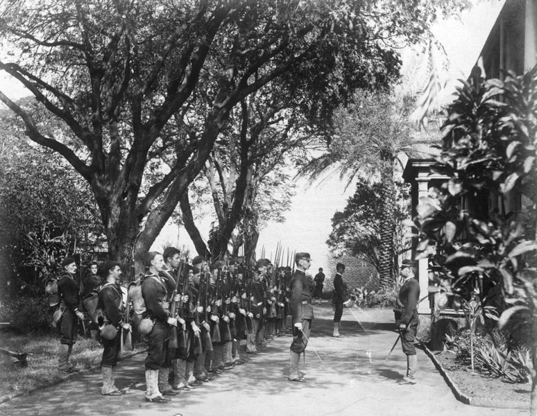 Armed U.S. Marines outside the Hawaiian Royal Palace, 1893