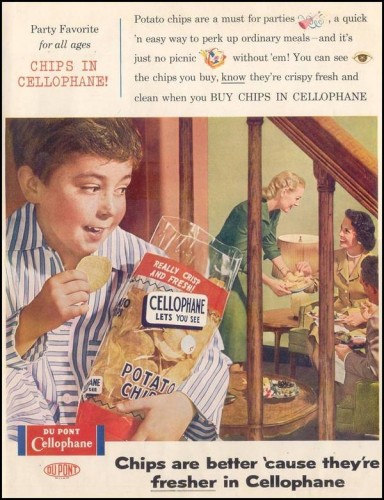 1936 advertisement for cellophane. The ability to keep food fresh in plastic cellophane revolutionized the food industry. 