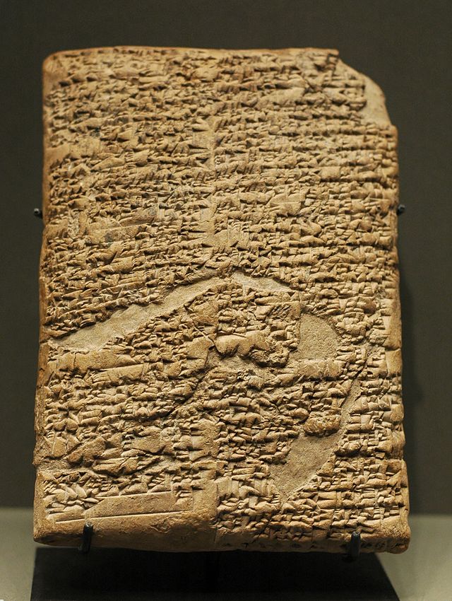 Portions of the Code of Hammurabi on a clay tablet, on display at the Louvre in Paris. 